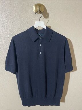 NWT Drake's Navy Knitted Linen-Cotton Short-Sleeve Polo Shirt Navy